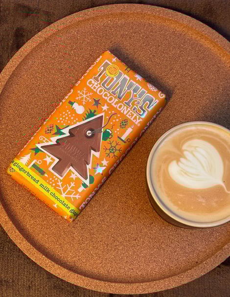 Tonys gingerbread chocolate bar on tray with fresh coffee